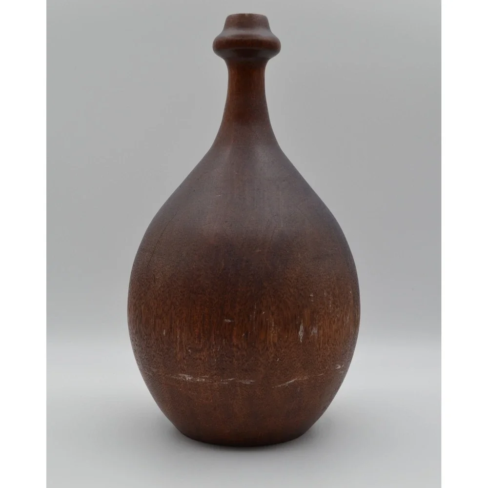 Antique Rare Hand Turned Solid Wood Vase Primitive Bulbous Bottle Decorative 12
